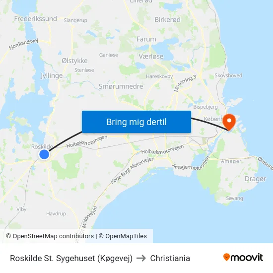 Roskilde St. Sygehuset (Køgevej) to Christiania map
