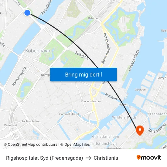 Rigshospitalet Syd (Fredensgade) to Christiania map