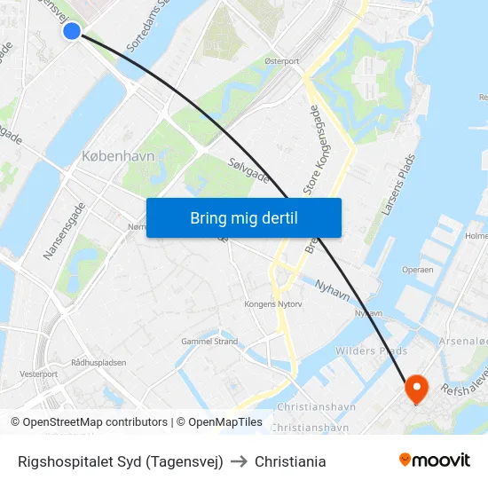 Rigshospitalet Syd (Tagensvej) to Christiania map