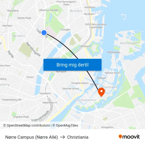 Nørre Campus (Nørre Allé) to Christiania map