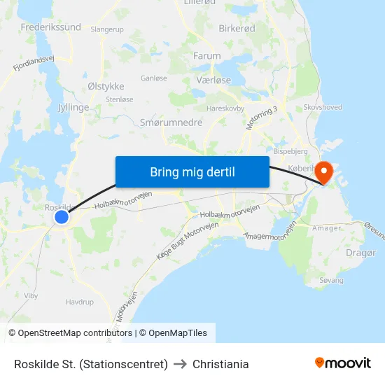 Roskilde St. (Stationscentret) to Christiania map