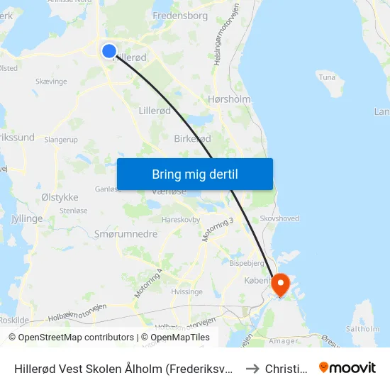 Hillerød Vest Skolen Ålholm (Frederiksværksgade) to Christiania map