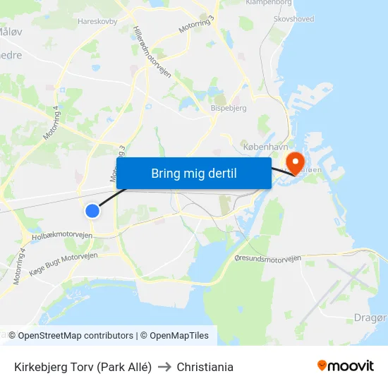 Kirkebjerg Torv (Park Allé) to Christiania map