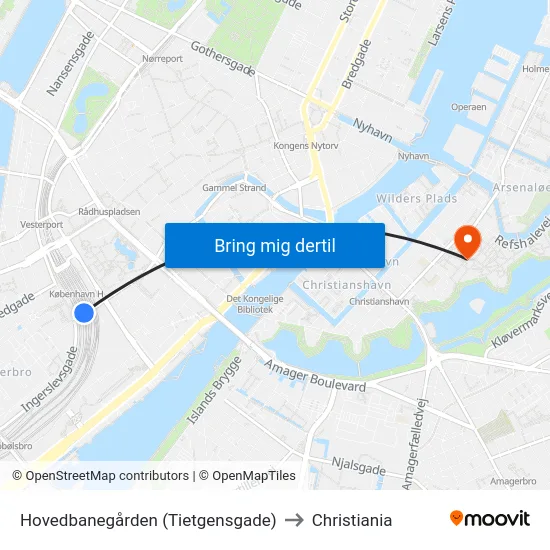 Hovedbanegården (Tietgensgade) to Christiania map