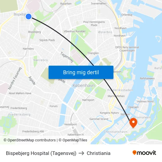 Bispebjerg Hospital (Tagensvej) to Christiania map