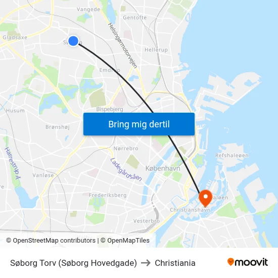 Søborg Torv (Søborg Hovedgade) to Christiania map