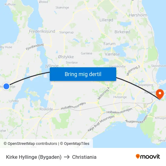 Kirke Hyllinge (Bygaden) to Christiania map