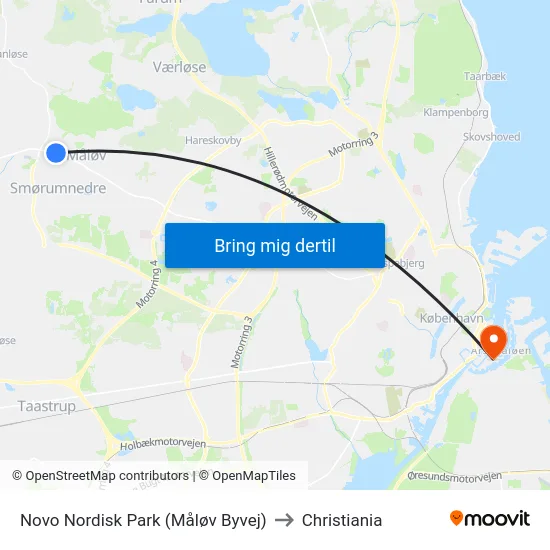 Novo Nordisk Park (Måløv Byvej) to Christiania map