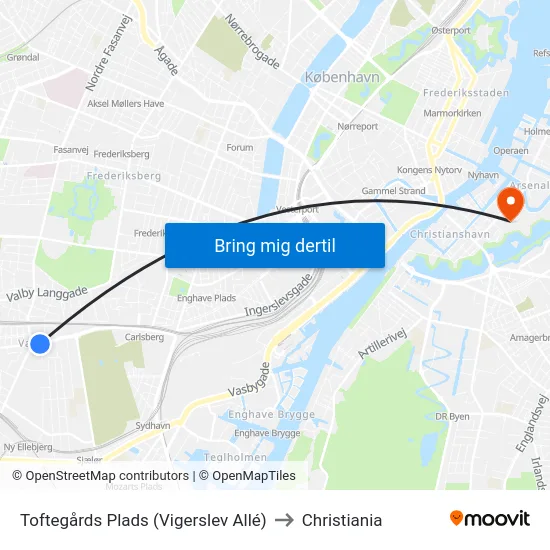 Toftegårds Plads (Vigerslev Allé) to Christiania map