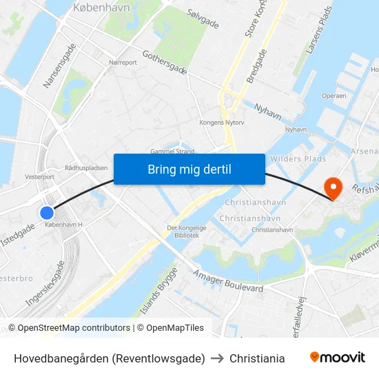 Hovedbanegården (Reventlowsgade) to Christiania map