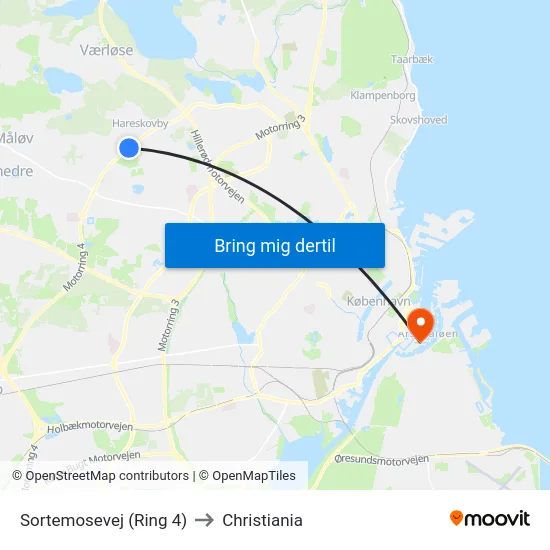 Sortemosevej (Ring 4) to Christiania map