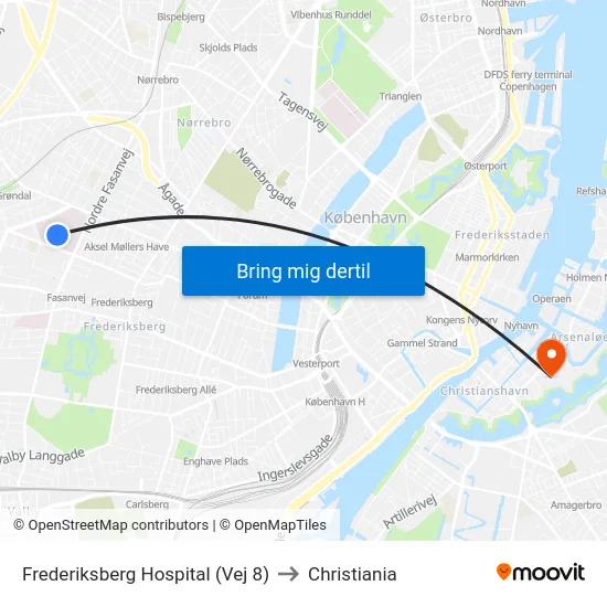 Frederiksberg Hospital (Vej 8) to Christiania map