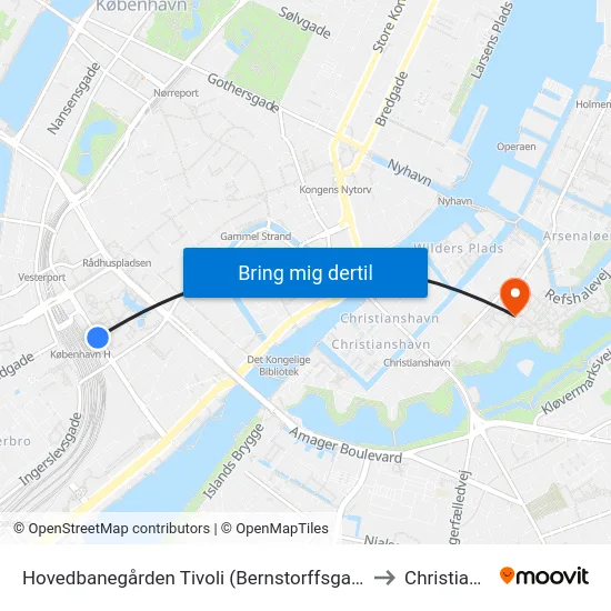Hovedbanegården Tivoli (Bernstorffsgade) to Christiania map