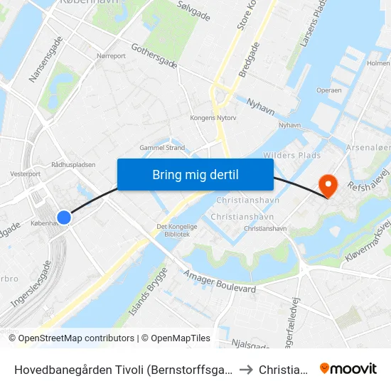 Hovedbanegården Tivoli (Bernstorffsgade) to Christiania map