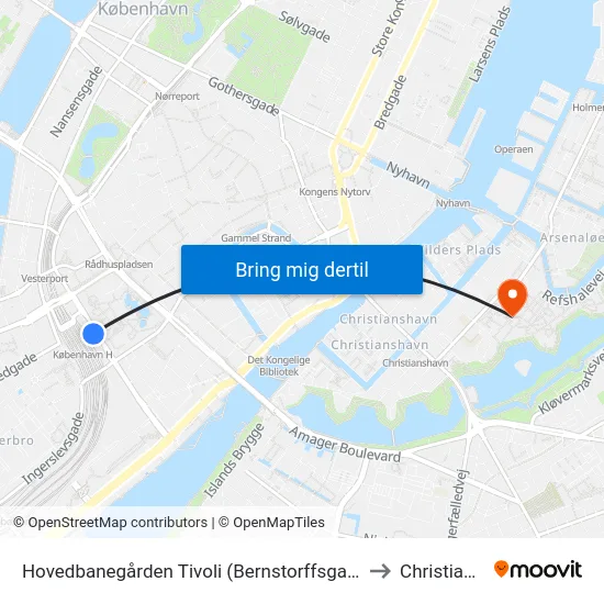 Hovedbanegården Tivoli (Bernstorffsgade) to Christiania map