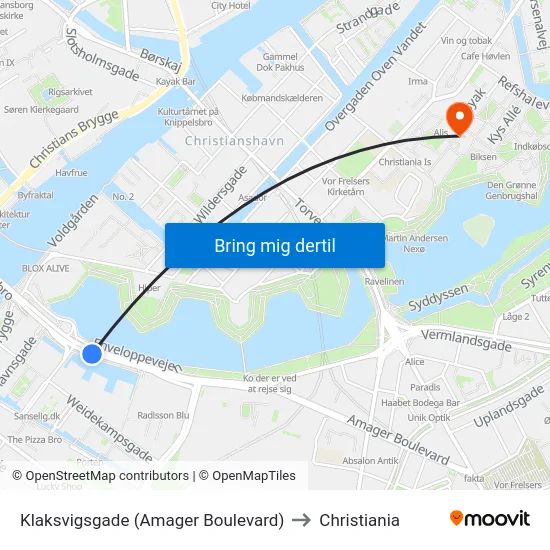 Klaksvigsgade (Amager Boulevard) to Christiania map