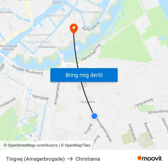 Tingvej (Amagerbrogade) to Christiania map