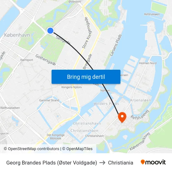Georg Brandes Plads (Øster Voldgade) to Christiania map