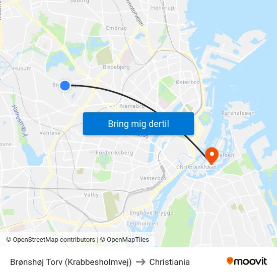 Brønshøj Torv (Krabbesholmvej) to Christiania map