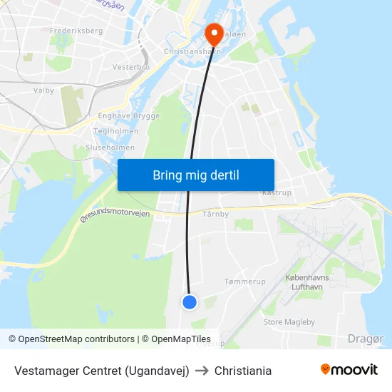 Vestamager Centret (Ugandavej) to Christiania map