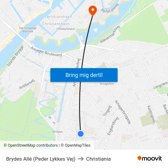 Brydes Allé (Peder Lykkes Vej) to Christiania map