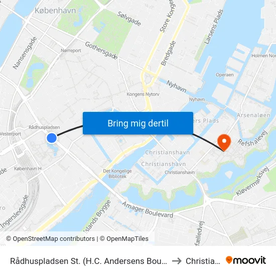 Rådhuspladsen St. (H.C. Andersens Boulevard) to Christiania map