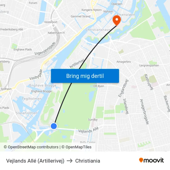 Vejlands Allé (Artillerivej) to Christiania map