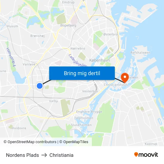 Nordens Plads to Christiania map