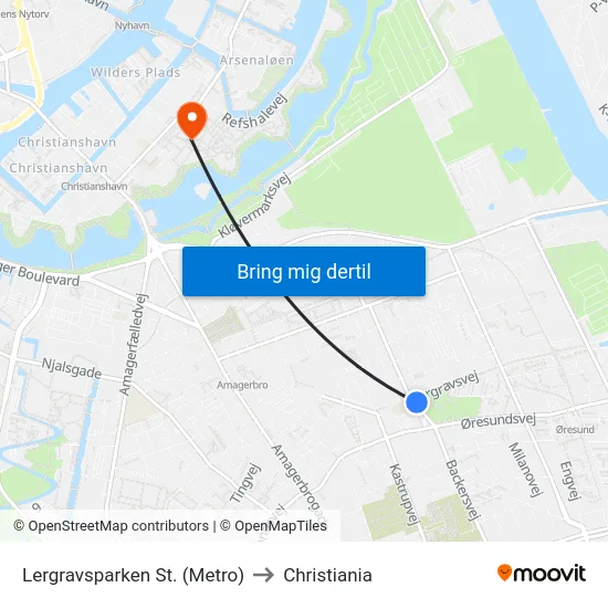 Lergravsparken St. (Metro) to Christiania map