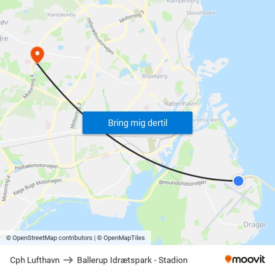Cph Lufthavn to Ballerup Idrætspark - Stadion map