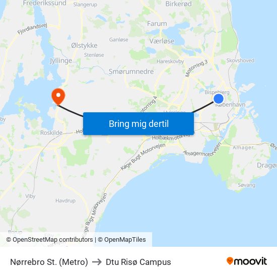 Nørrebro St. (Metro) to Dtu Risø Campus map