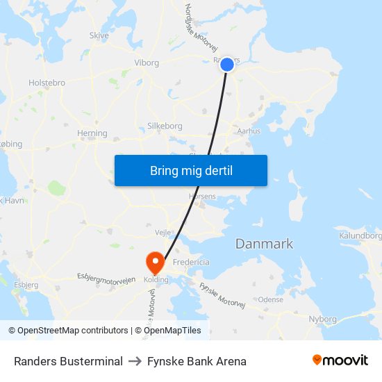 Randers Busterminal to Fynske Bank Arena map