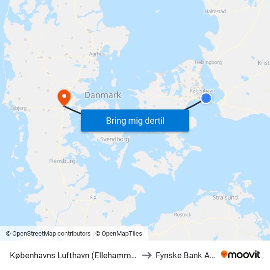 Københavns Lufthavn (Ellehammersvej) to Fynske Bank Arena map