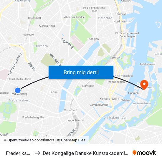 Frederiksberg St. (Metro) to Det Kongelige Danske Kunstakademis Skoler For Arkitektur, Design Og Konservering map