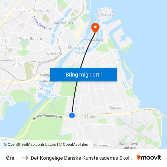 Ørestad St. to Det Kongelige Danske Kunstakademis Skoler For Arkitektur, Design Og Konservering map