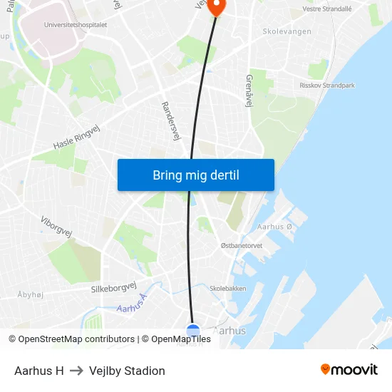 Aarhus H to Vejlby Stadion map