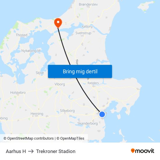 Aarhus H to Trekroner Stadion map