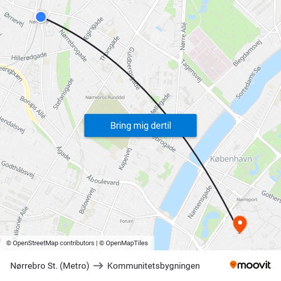 Nørrebro St. (Metro) to Kommunitetsbygningen map