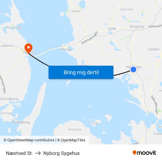 Næstved St. to Nyborg Sygehus map