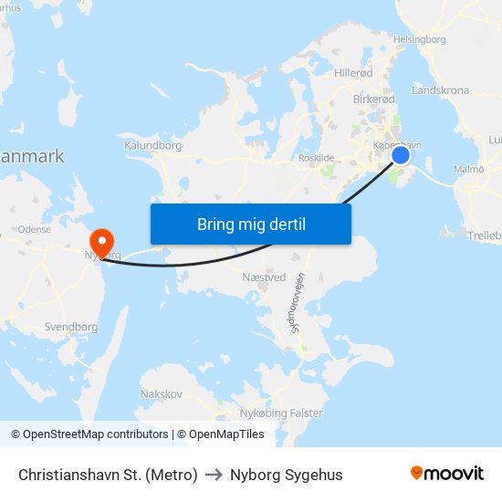 Christianshavn St. (Metro) to Nyborg Sygehus map