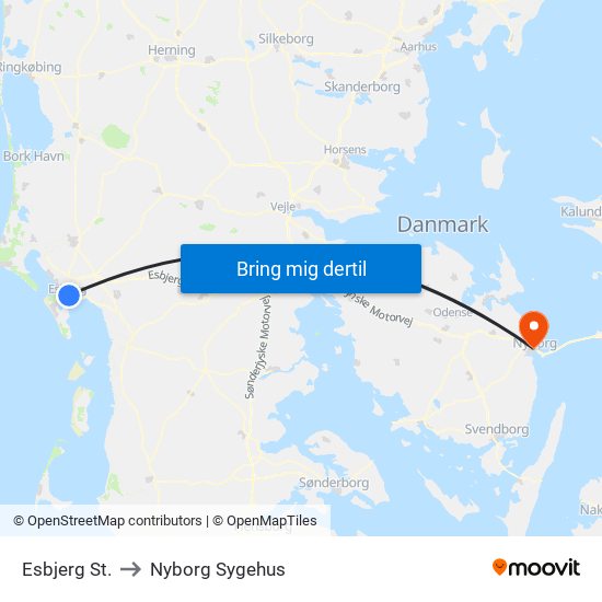 Esbjerg St. to Nyborg Sygehus map