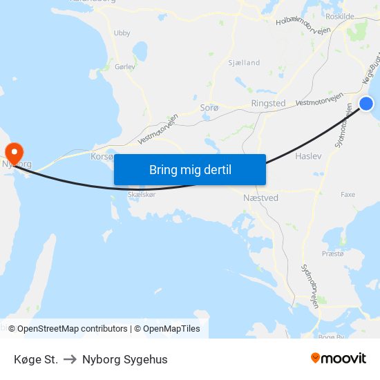 Køge St. to Nyborg Sygehus map