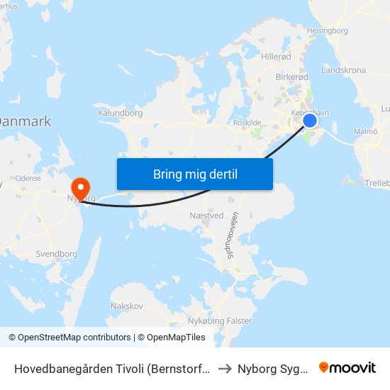 Hovedbanegården Tivoli (Bernstorffsgade) to Nyborg Sygehus map