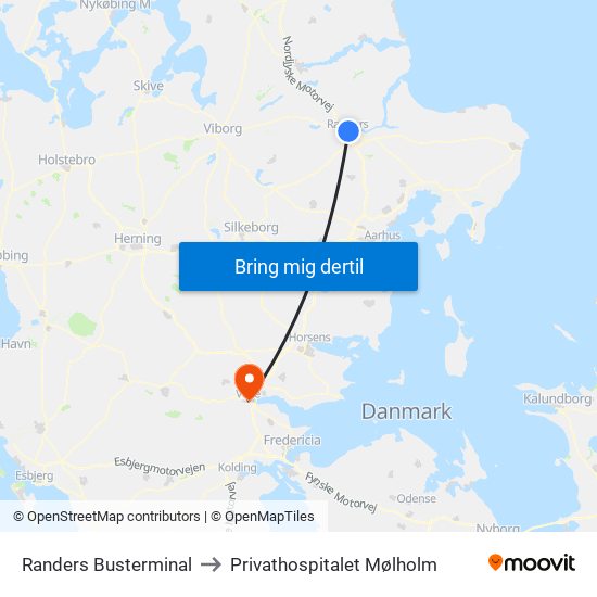 Randers Busterminal to Privathospitalet Mølholm map