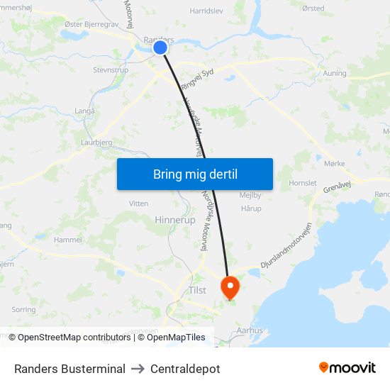 Randers Busterminal to Centraldepot map