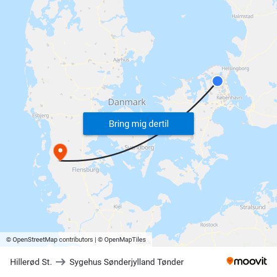 Hillerød St. to Sygehus Sønderjylland Tønder map