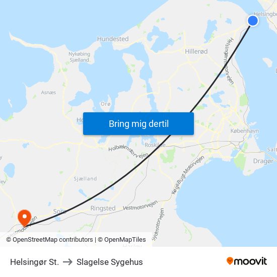 Helsingør St. to Slagelse Sygehus map