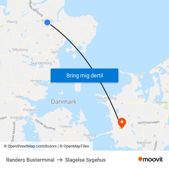 Randers Busterminal to Slagelse Sygehus map