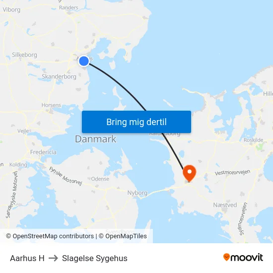 Aarhus H to Slagelse Sygehus map