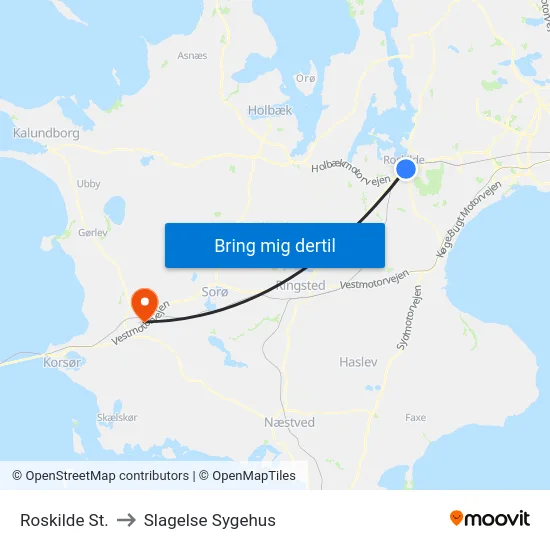 Roskilde St. to Slagelse Sygehus map